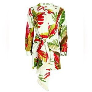 FARM Rio spring forest mini dress linen blend floral coat tail wraparound